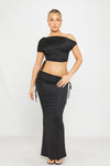 Black One Shoulder Ruched Crop Top & Fold Over Maxi Skirt