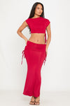 Wine One Shoulder Ruched Crop Top & Fold Over Maxi Skirt