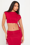 Wine One Shoulder Ruched Crop Top & Fold Over Maxi Skirt