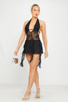 Black Sheer Lace Plunge Ruffle Halter Mini Dress