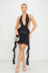 Black Sheer Mesh Plunge Halter Ruffle Mini Dress