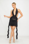 Black Sheer Mesh Plunge Halter Ruffle Mini Dress