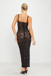 Black Sheer Lace Bustier Strappy Bodycon Maxi Dress