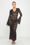 Black Sheer Lace Plunge Flared Sleeve Maxi Dress