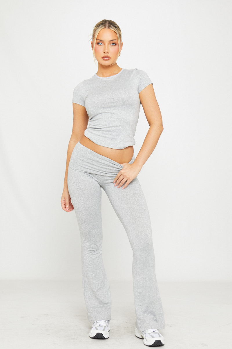 Light Grey Fold Over Flared Leggings & Short Sleeve Top Co-Ord