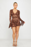 Brown Sheer Lace Plunge Flared Sleeve Mini Dress