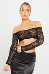 Black Sheer Lace Off Shoulder Long Sleeve Crop Top