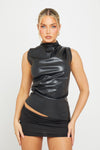 Black Faux Leather High Neck Asymmetric Top