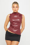 Wine Faux Leather High Neck Asymmetric Top