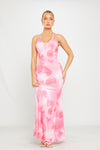 Pink Floral Print Halterneck Open Back Maxi Dress