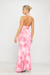 Pink Floral Print Halterneck Open Back Maxi Dress