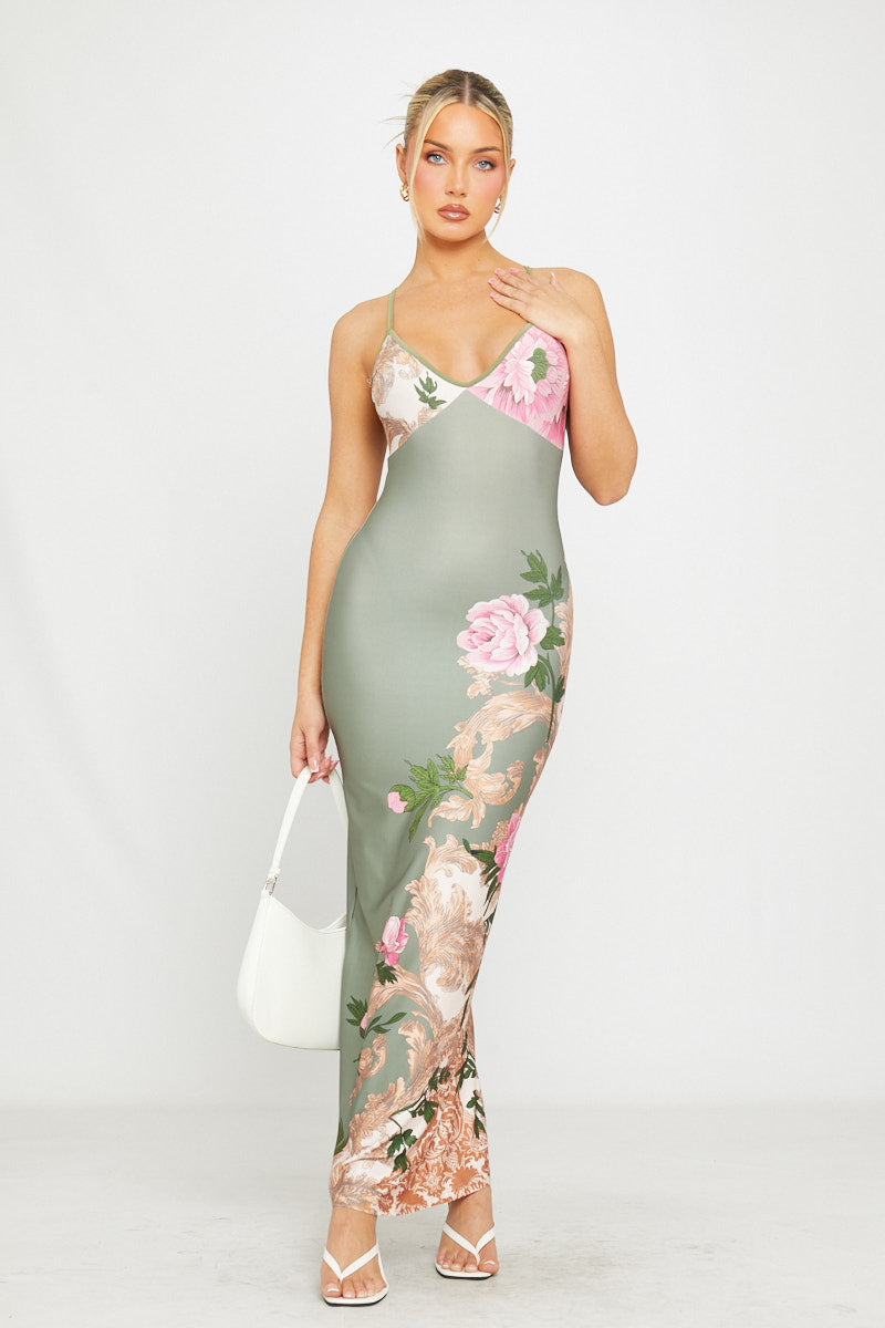 Green Floral Print Strappy Plunge Maxi Dress