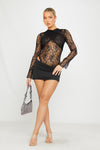 Black Lace Ruched Front Flare Sleeve Bodysuit