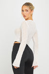 White Sheer Ruffle Detail Tie Front Long Sleeve Top