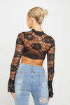 Black Floral Lace High Neck Twist Front Crop Top