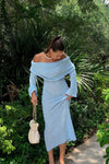 Light Blue Knit Off Shoulder Boucle Maxi Dress