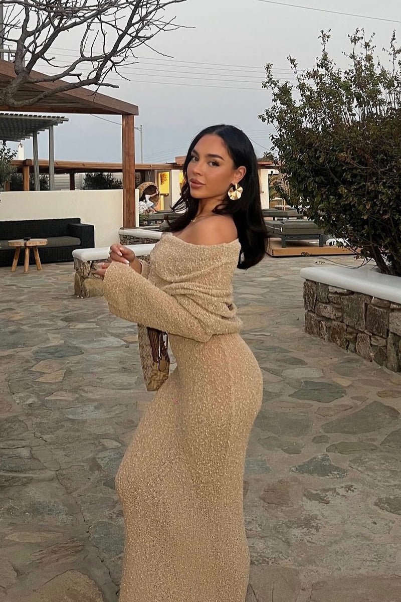 Wheat Knit Off Shoulder Boucle Maxi Dress