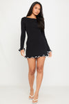 Black Knitted Ruffle Hem Long Sleeve Mini Dress