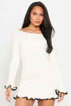 Cream Knitted Ruffle Hem Long Sleeve Mini Dress