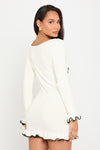 Cream Knitted Ruffle Hem Long Sleeve Mini Dress