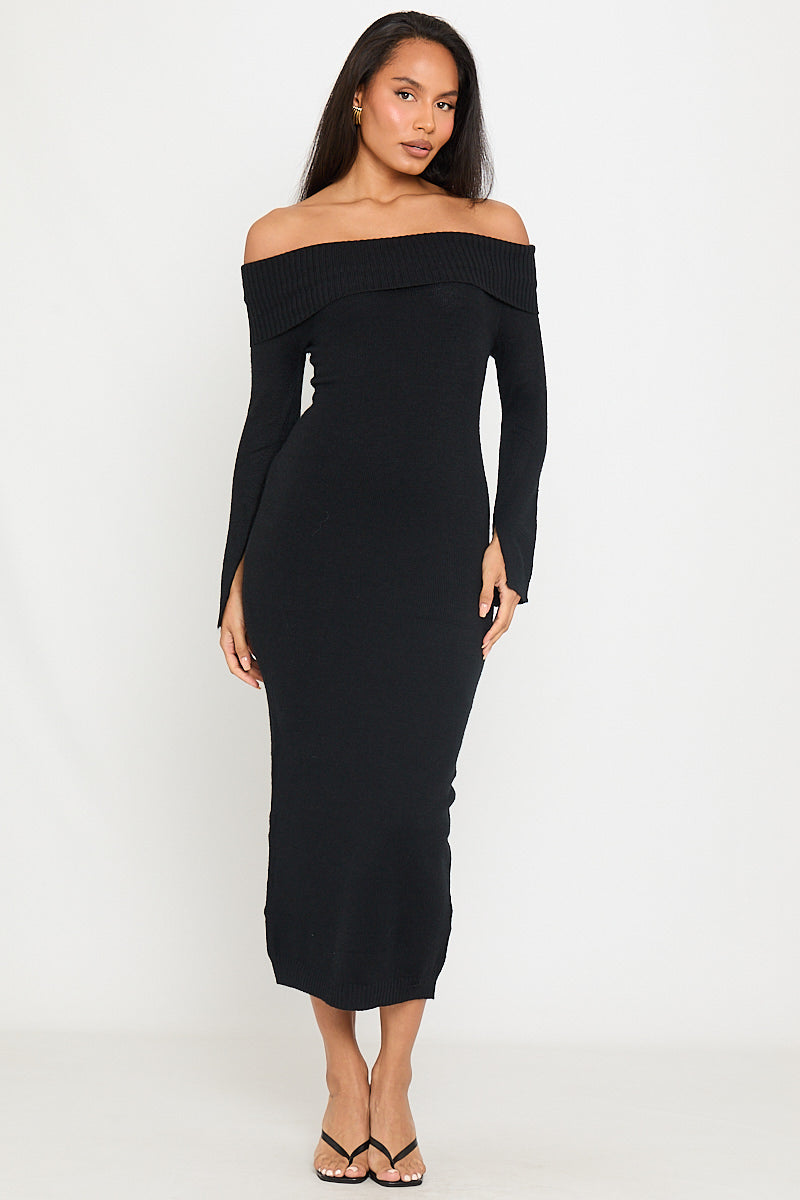 Black Knitted Off Shoulder Long Sleeve Maxi Dress