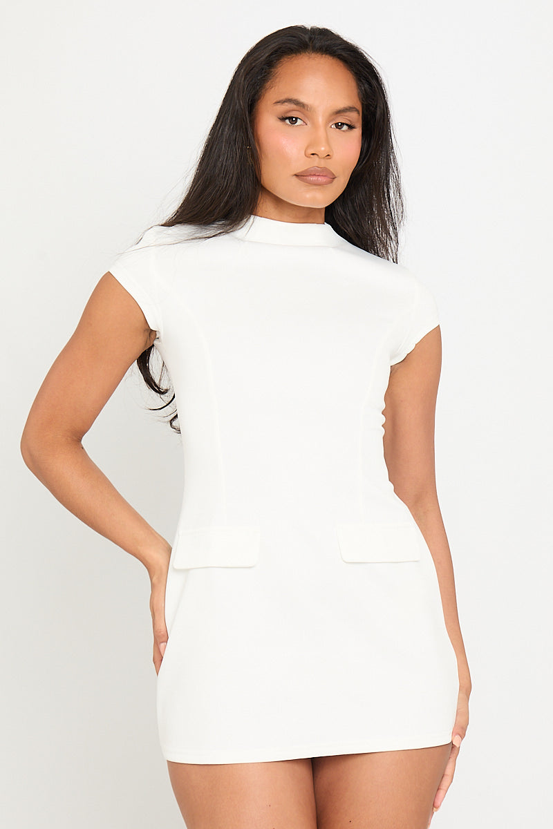 White High Neck Cap Sleeve Mini Dress