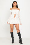 White Lace Bardot Cut Out Frill Mini Dress