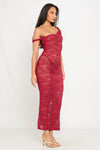 Wine Sheer Lace Twist Detail Asymmetric Maxi Dress