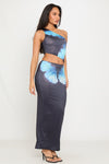 Black Butterfly Print Asymmetric Top & Maxi Skirt Co-Ord