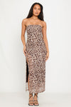 Leopard Print Chiffon Strapless Split Midi Dress