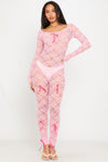 Pink Sheer Lace Bow Detail Long Sleeve Jumpsuit