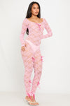 Pink Sheer Lace Bow Detail Long Sleeve Jumpsuit