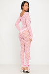 Pink Sheer Lace Bow Detail Long Sleeve Jumpsuit