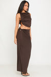 Brown Knotted Ruched Crop Top & Maxi Skirt Co-Ord