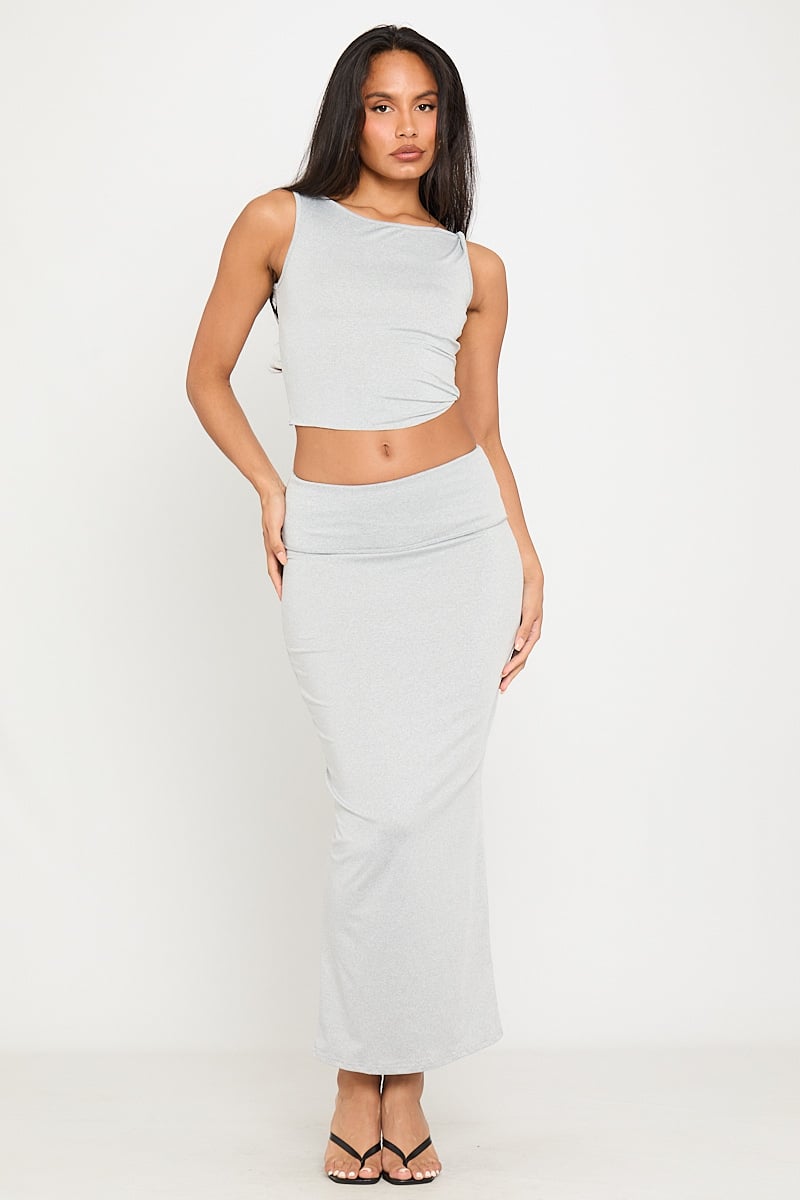 Light Grey Off Shoulder Top & Fold Over Maxi Skirt