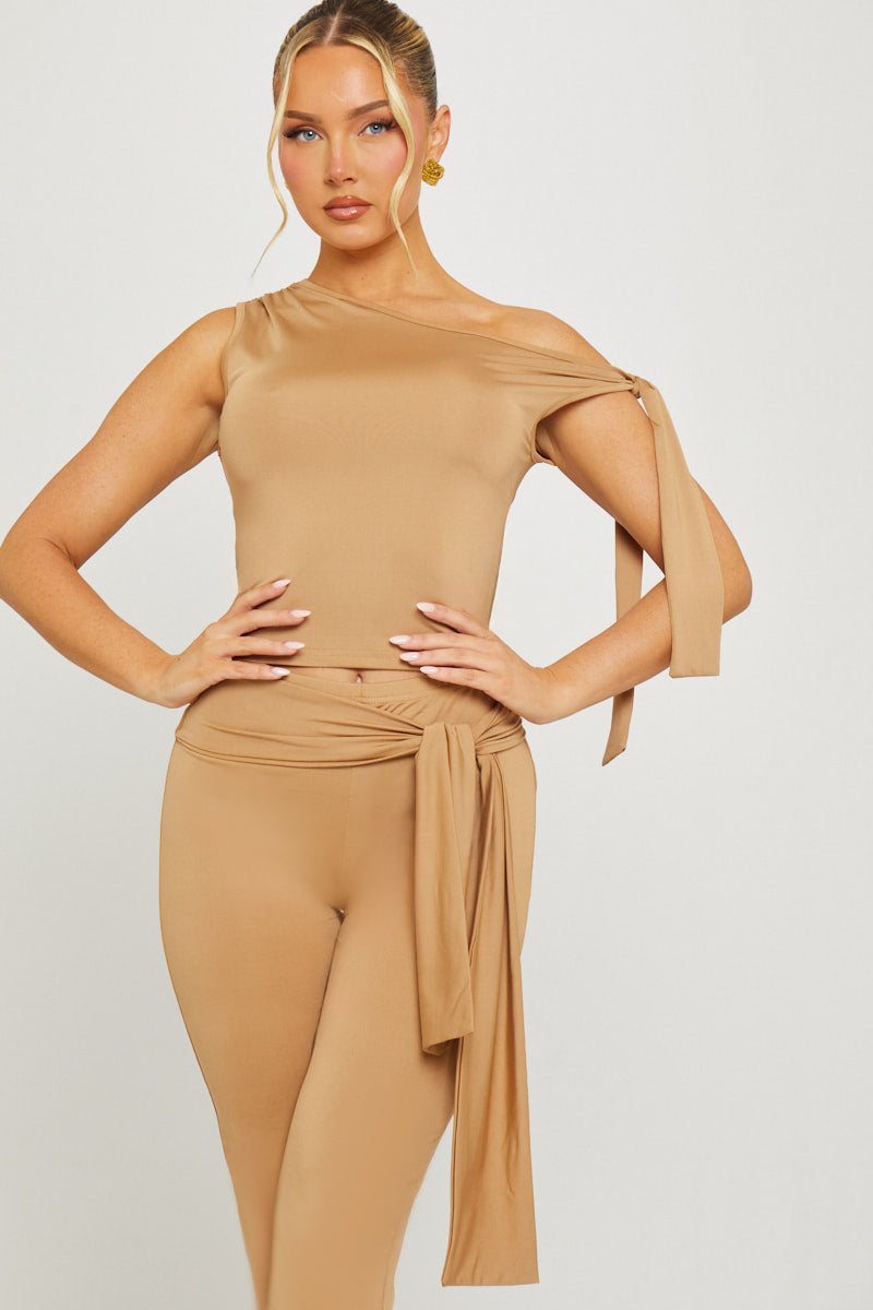 Taupe One Shoulder Knot Detail Top & Capri Pants Co-Ord