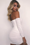 White Ruched Off Shoulder Long Sleeve Mini Dress